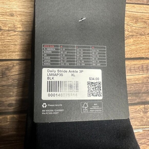 NWT Lululemon Men's Daily Stride Ankle Socks 3 Pack Size XL (BLK) - Picture 8 of 8